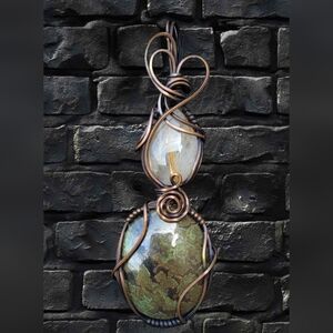 Handmade Copper Wire Wrap Golden Rutile Quartz & Tibetan Turquoise Pendant